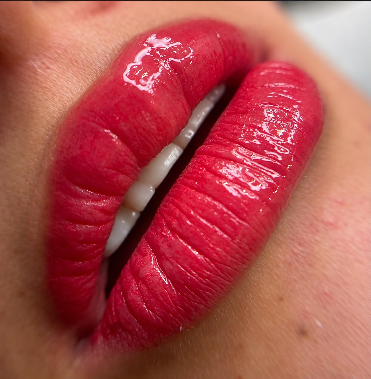 Close-up of lip blush colour and gloss
